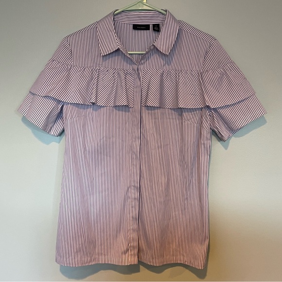 EUC Halogen blue white striped ruffle short sleeve button down blouse - Picture 2 of 5